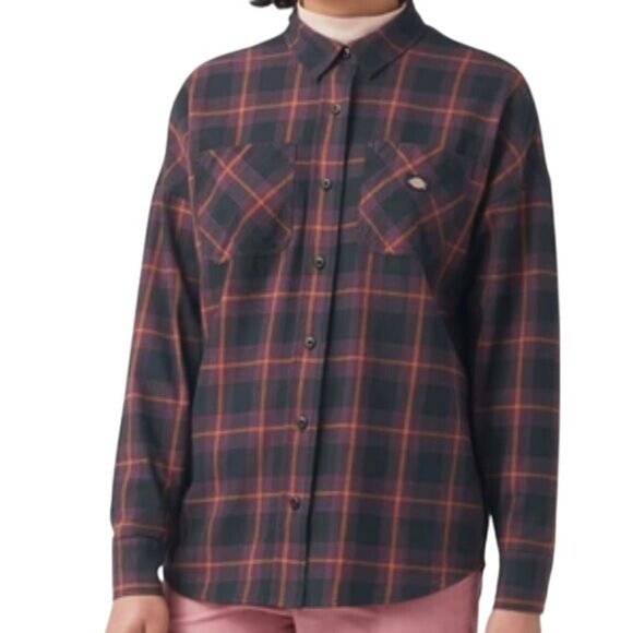 Dickies Womens Bakerhill Oversized Black Plaid Button-Up Shirt Long Sleeve Small - Picture 11 of 15